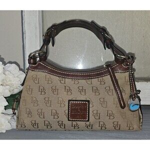 Dooney & Bourke Signature Bag Brown Leather Trim Mini East West Slouch Excellent